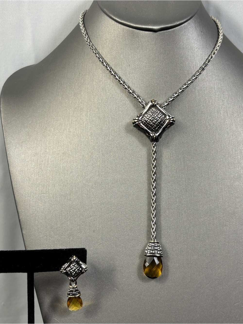 Necklace Earrings Two-Tone Vintage Choker/Collar Amber Colored Glass Faceted